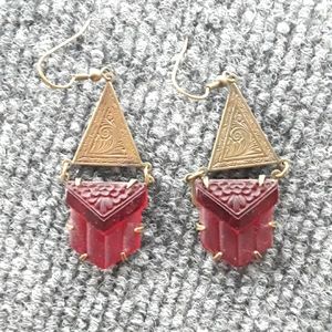 Brass hinged earrings with red stone